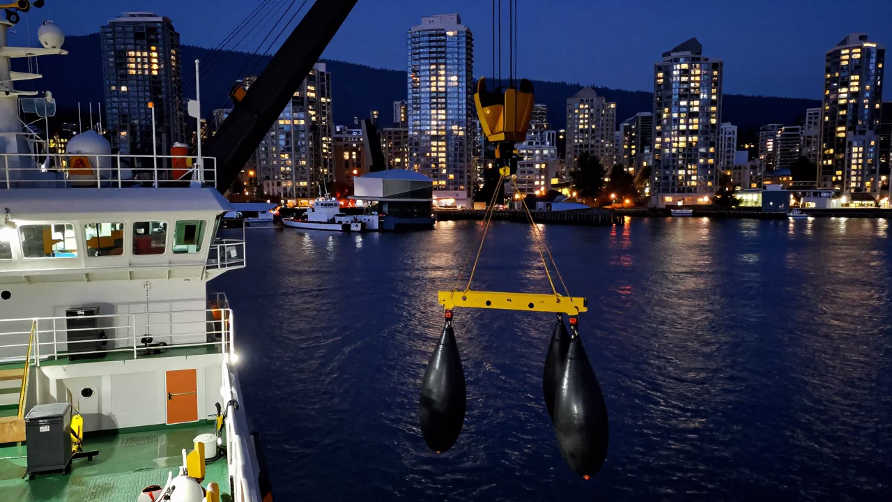 Hydrophone Array Lowered from Research Vessel into Vancouver Harbor at Twilight in in Vancouver, British Columbia, Canada