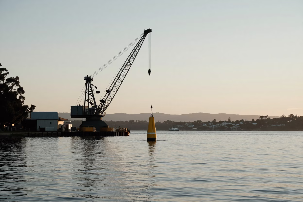 Hydrophone Buoy Being Craned Over Still Morning Water in Hobart Tasmania in in Hobart, Tasmania, Australia