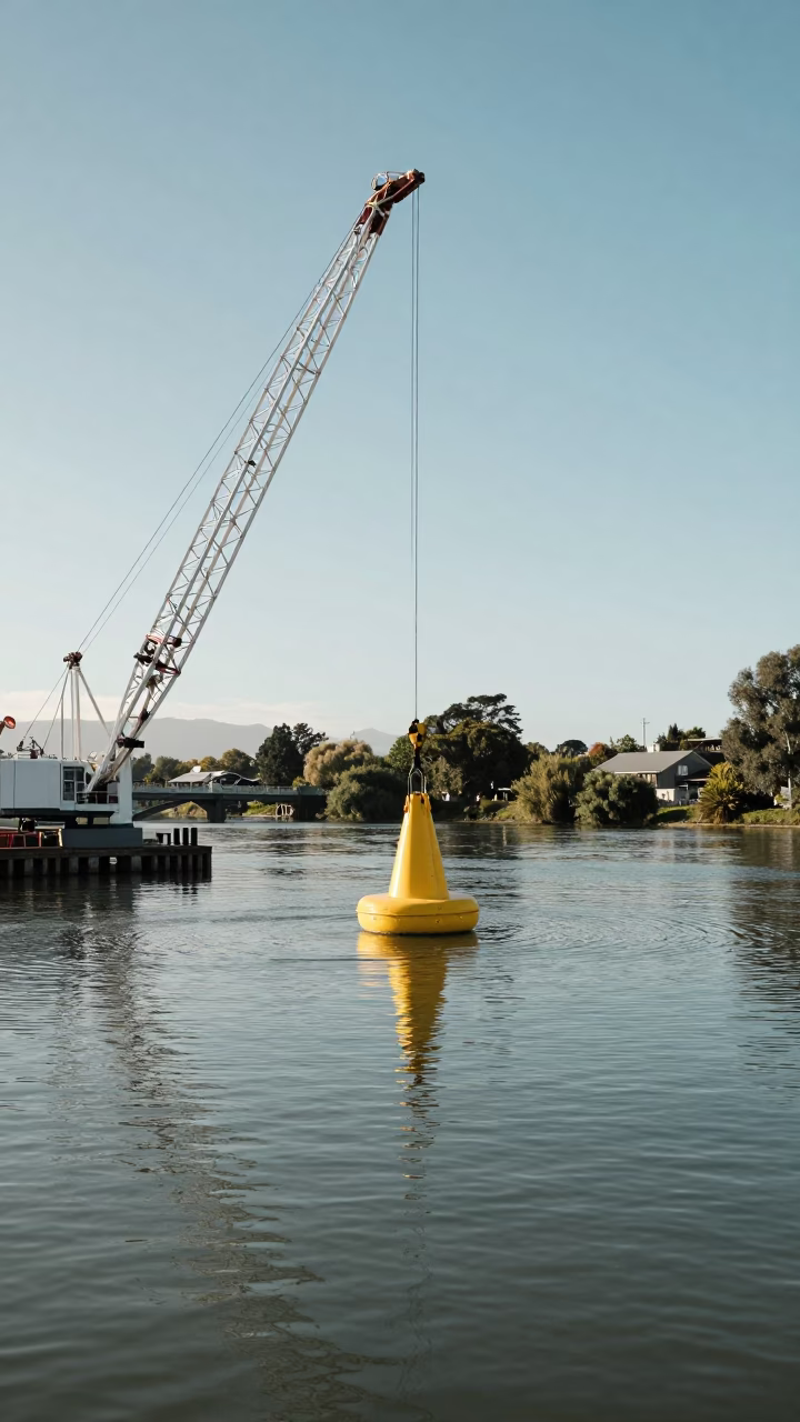 Hydrophone Buoy Crane Lift Over Avon River Christchurch New Zealand Midmorning in in Christchurch, New Zealand