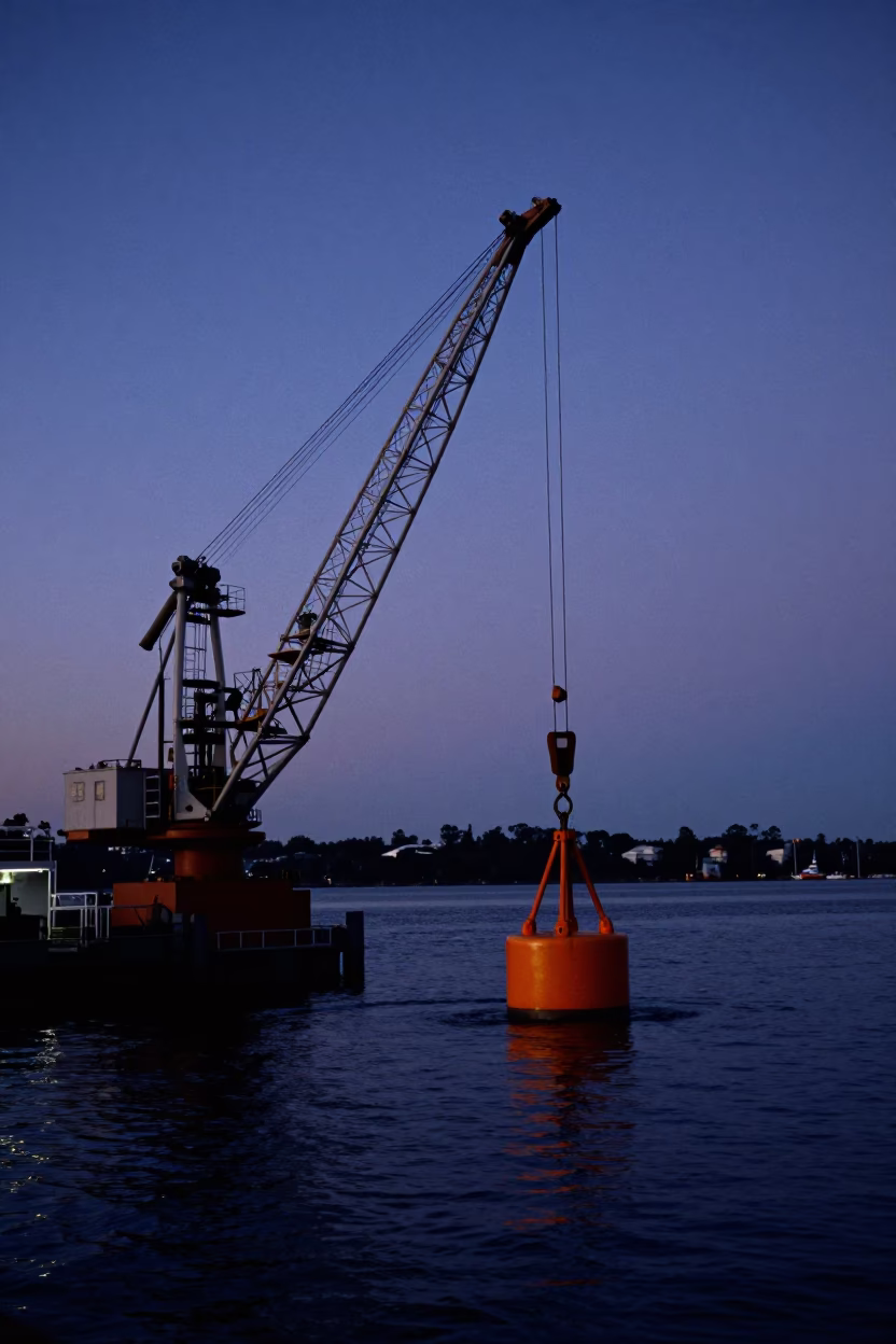 Hydrophone Buoy Crane Operation at Nautical Dawn in Perth Western Australia Waterfront in in Perth, Western Australia, Australia