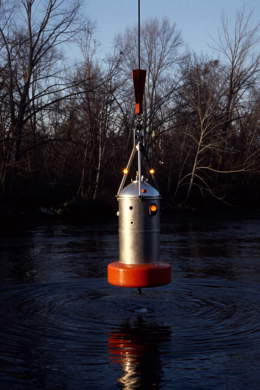 Hydrophone Buoy Craned Over Autumn Water in in Fredericton