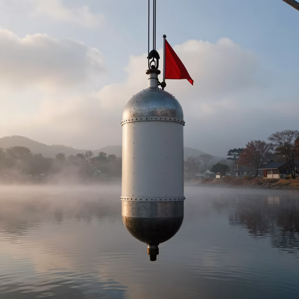 Hydrophone Buoy Craned Over Misty Seoul Water in in Insadong, Seoul