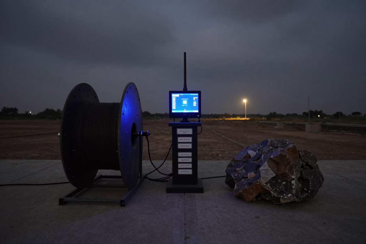 Hydrophone Spool Beside Rock Cores Under Night Glow in near Rahim Yar Khan