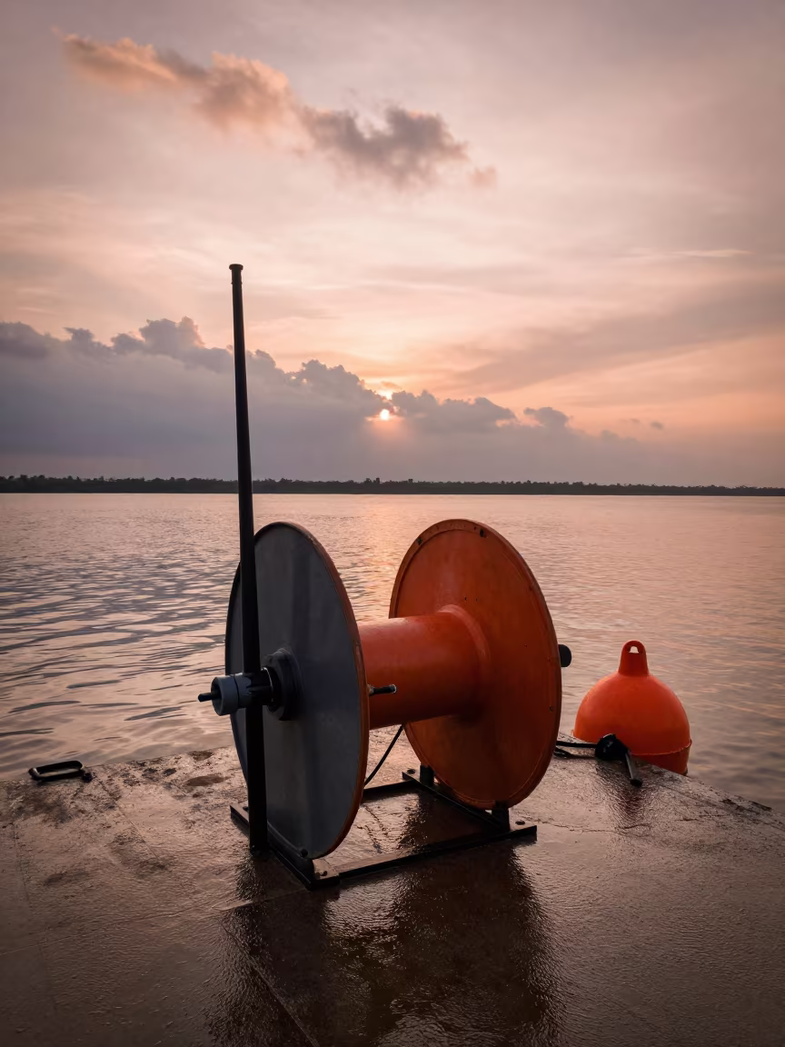 Hydrophone Spool on Wet Pier at Dusk in near Kandawgyi, Yangon