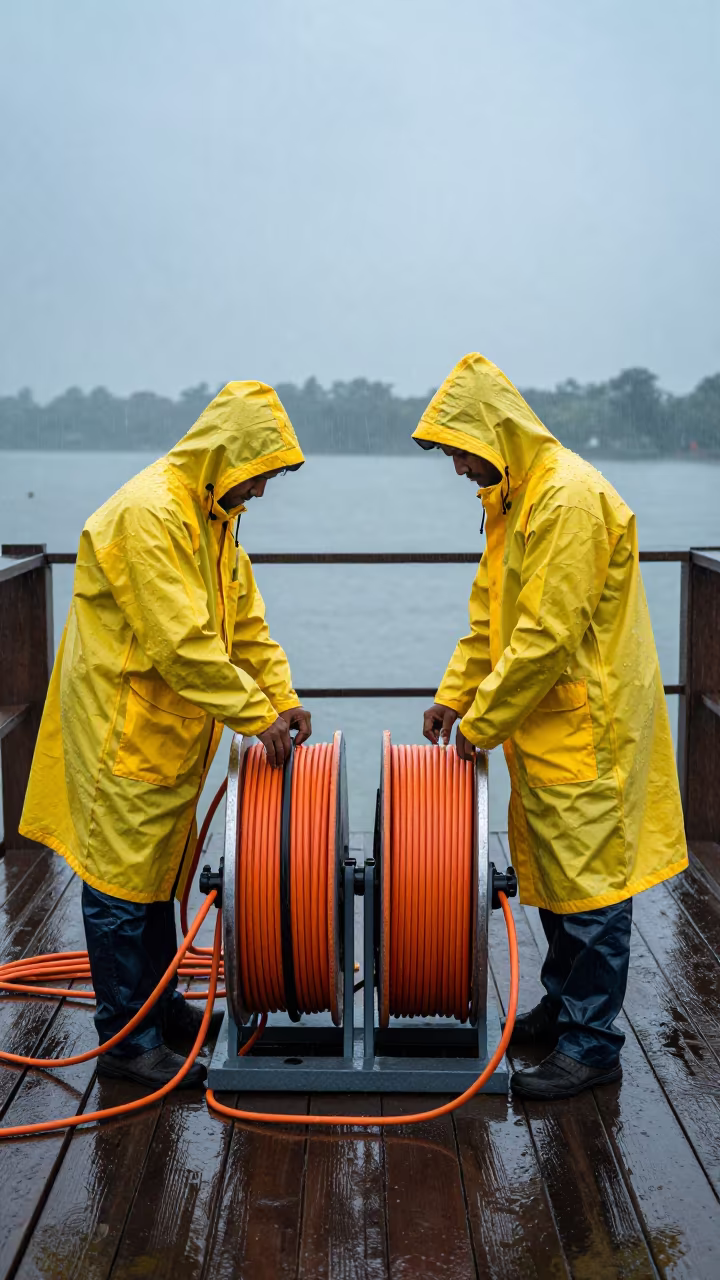 Hydrophone Technician Coils Orange Cable in in Dhaka