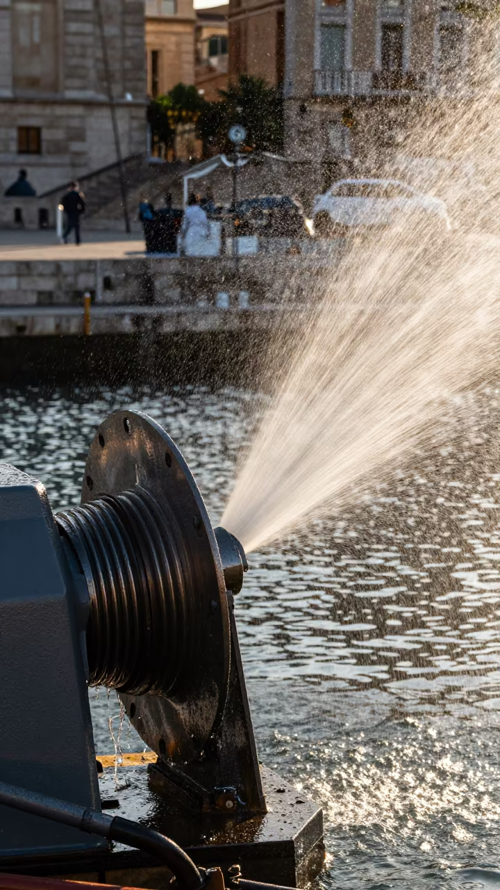 Hydrophone Winch Sprays Droplets in Barcelona Harbor Light in near Eixample, Barcelona