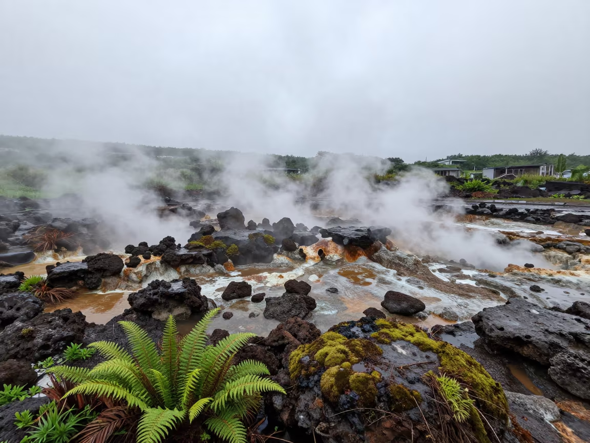 Hydrothermal Vent Garden on Osaka Ridge at Dawn in from a ridge above layered foothills near Osaka