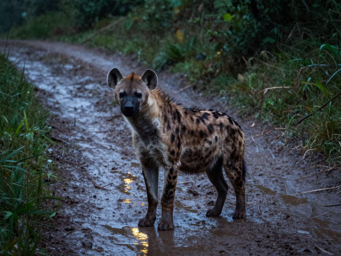 Hyena at Twilight Along Wet Tijuca Game Trail in along a game trail near Tijuca, Rio de Janeiro