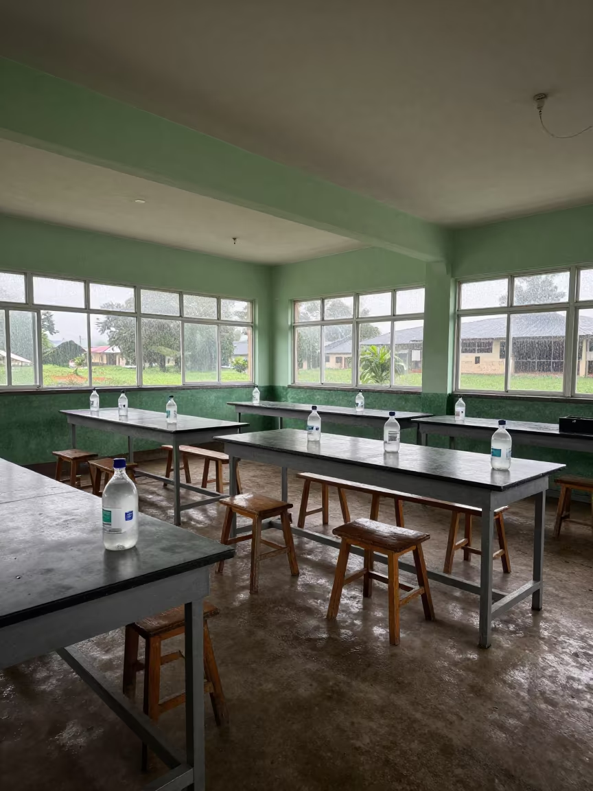 Ibadan School Lab Rainy Afternoon Stools Water Bottles in inside a quiet classroom in Ibadan