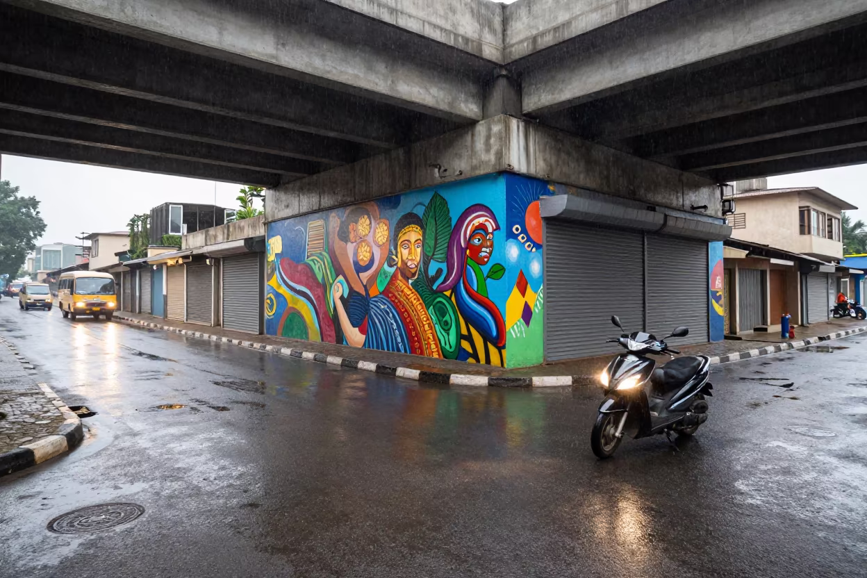Ibadan Underpass Mural Scooter Headlights Rain in along a shuttered arcade in Ibadan