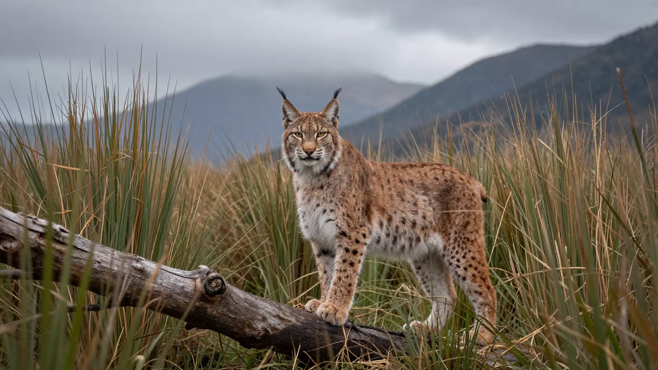Iberian Lynx Alert at Reed Bed Edge in at the edge of a reed bed in the Andes