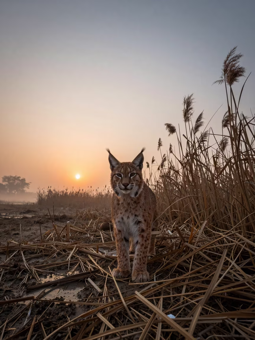 Iberian Lynx at Varanasi Reed Bed Sunset in at the edge of a reed bed near Bengali Tola, Varanasi
