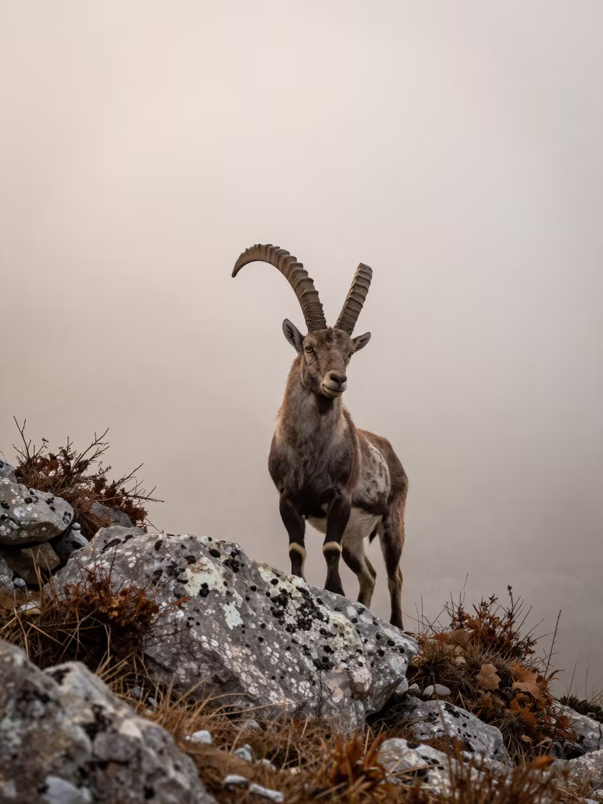 Ibex on Lichened Ridge in Bosnian Dawn Mist in on a wind-scoured ridge in Bosnia and Herzegovina