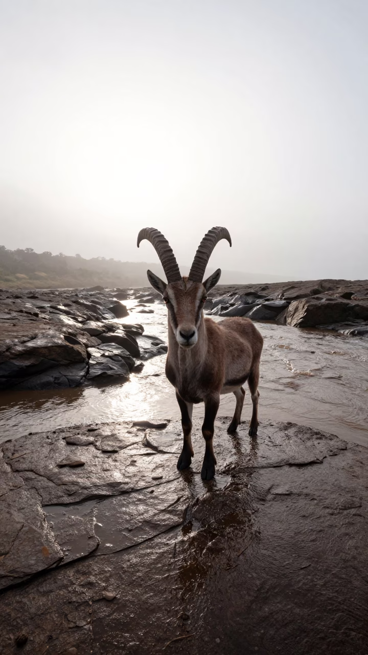 Ibex on Tidal Rock Before Rain in above a glacial stream near Eldoret