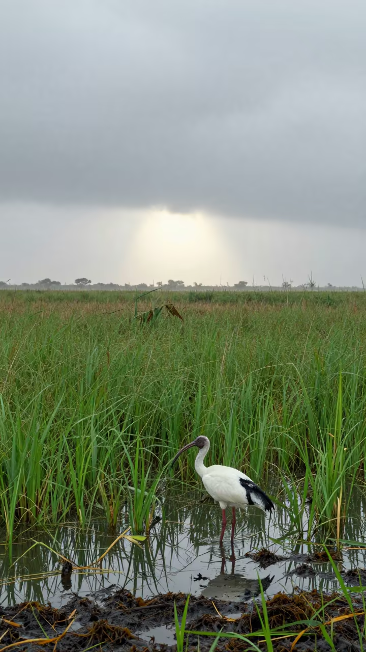 Ibis in Namibian Reed Bed With Drifting Seaweed in at the edge of a reed bed in Namibia