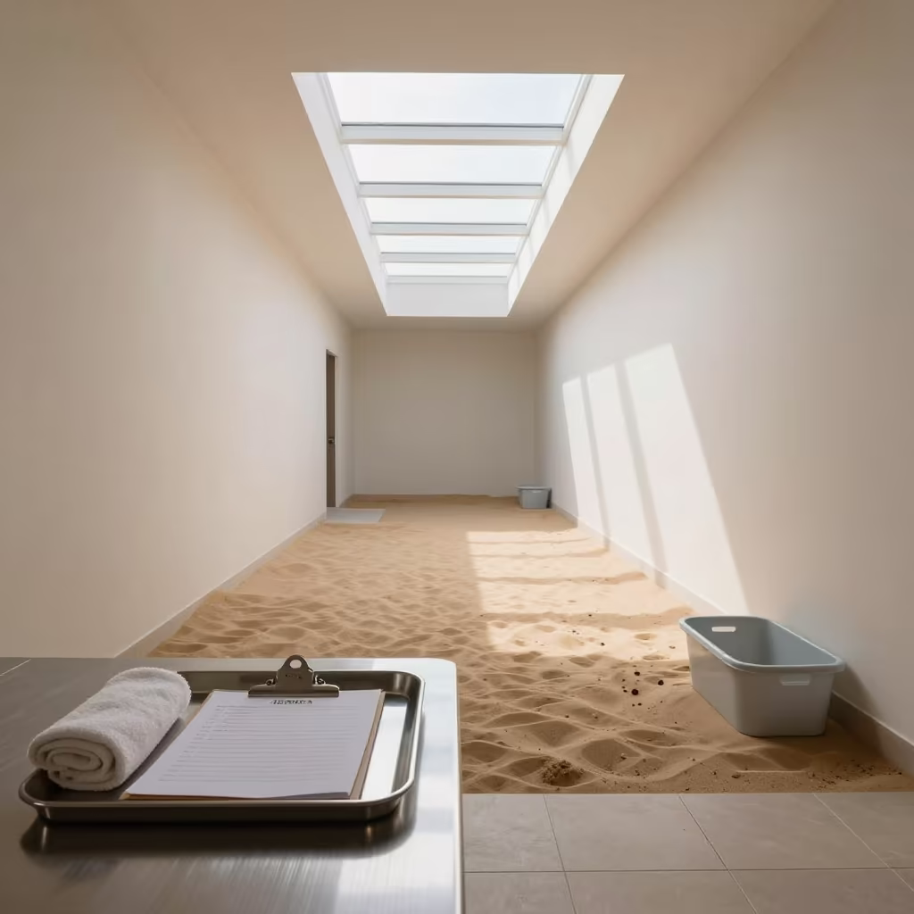 Ibiza Spa Clipboard Surreal Floor Transition in in a quiet guest corridor near Ibiza