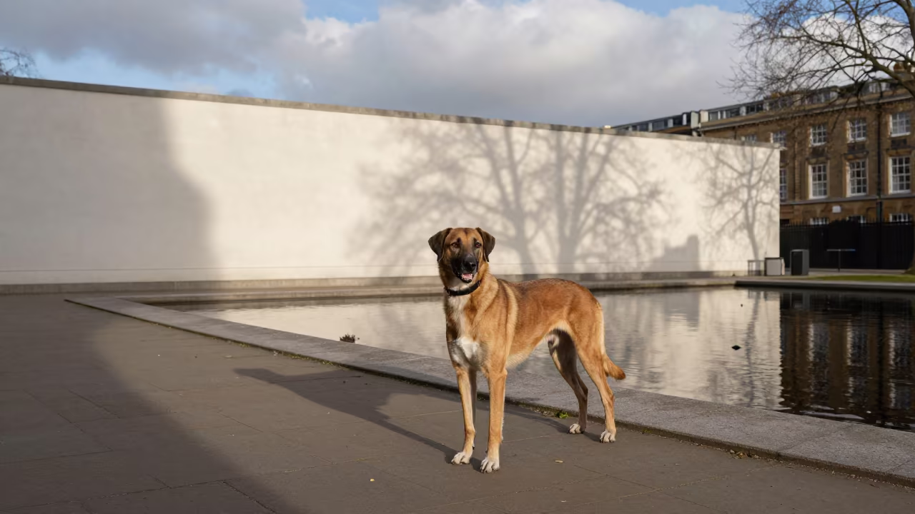 Ibizan Hound in Covent Garden Late Afternoon in beside a plain courtyard wall in clear daylight with the animal at eye level in Covent Garden, London