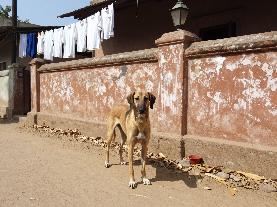 Ibizan Hound on Varanasi Path Beside Courtyard Wall in beside a plain courtyard wall in clear daylight with the animal at eye level in Manikarnika, Varanasi