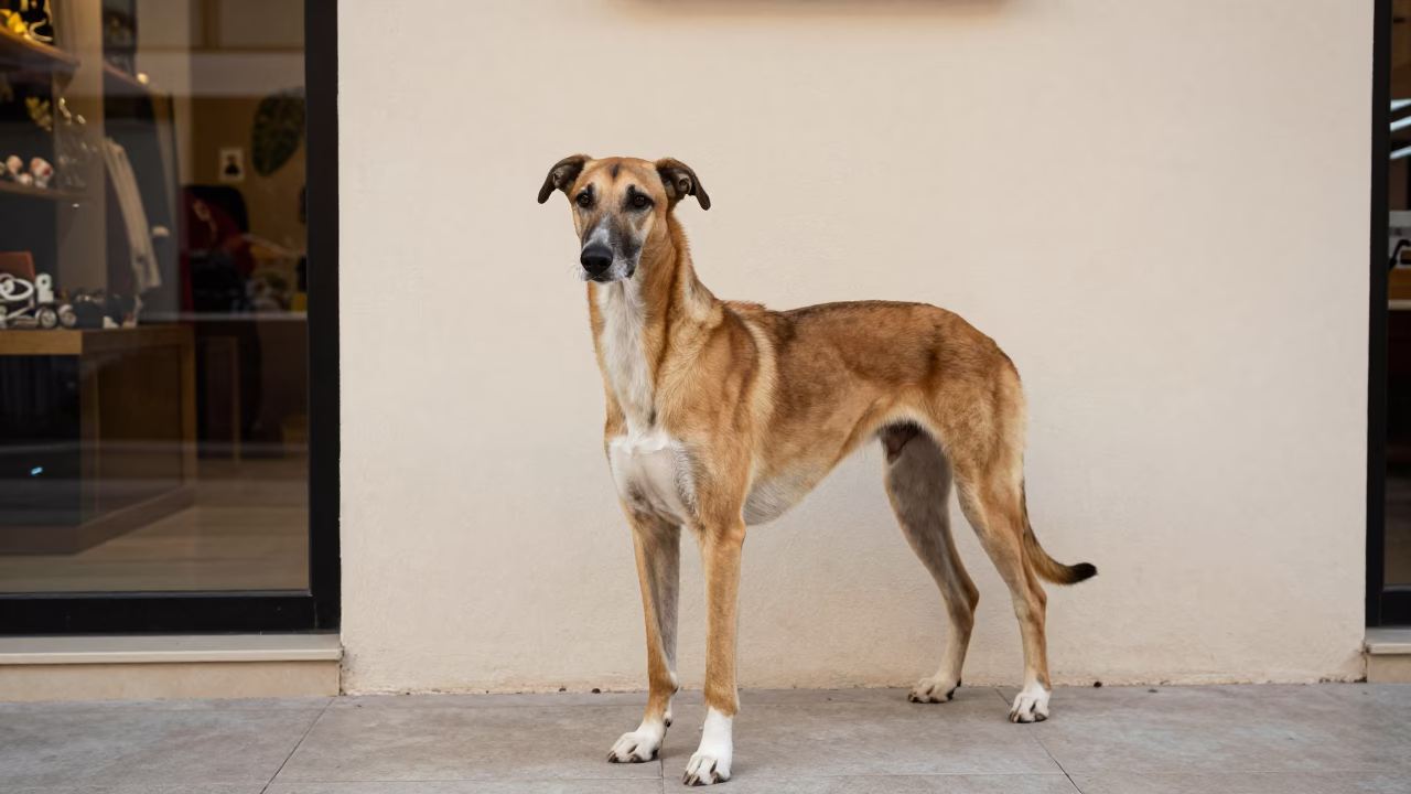 Ibizan Hound Portrait Beside Plaster Wall in beside a plain plaster wall in soft indoor light with the animal centered in frame in Qamishli