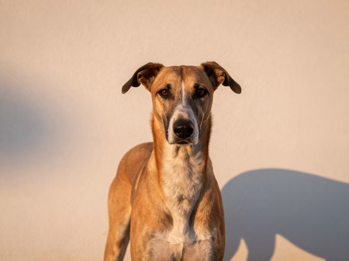 Ibizan Hound Portrait in Soft Copper Indoor Light in beside a plain plaster wall in soft indoor light with the animal centered in frame in Changsha