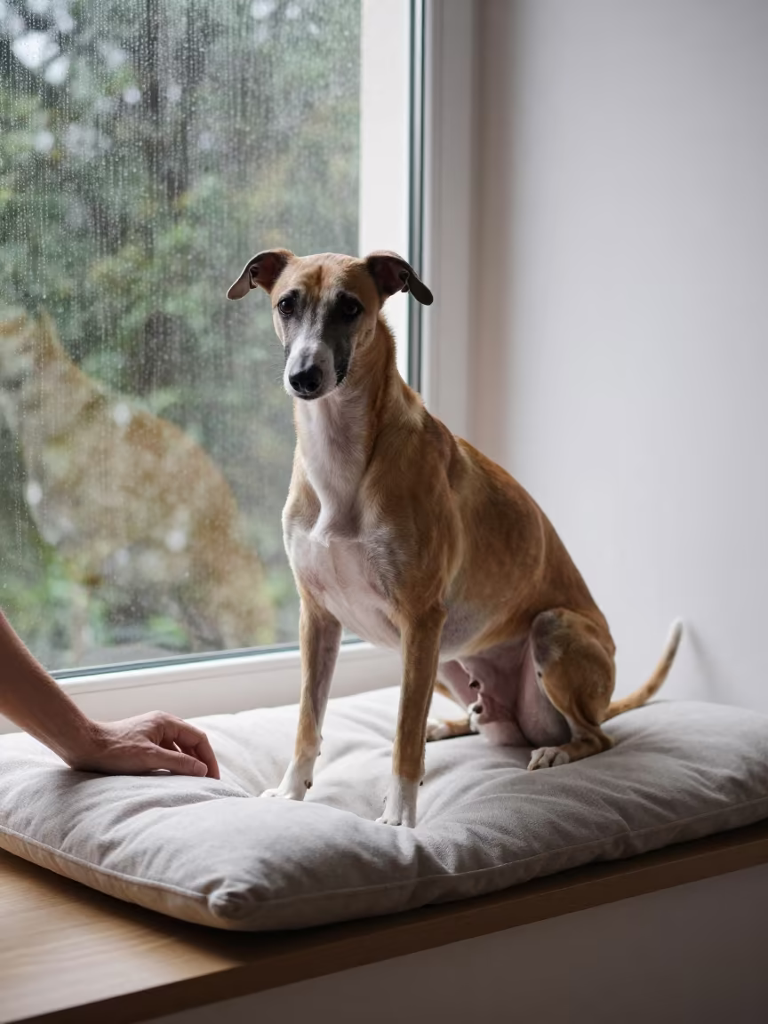 Ibizan Hound Portrait on Kasama Window Seat in on a cushioned window seat with soft side light and an uncluttered background in Kasama