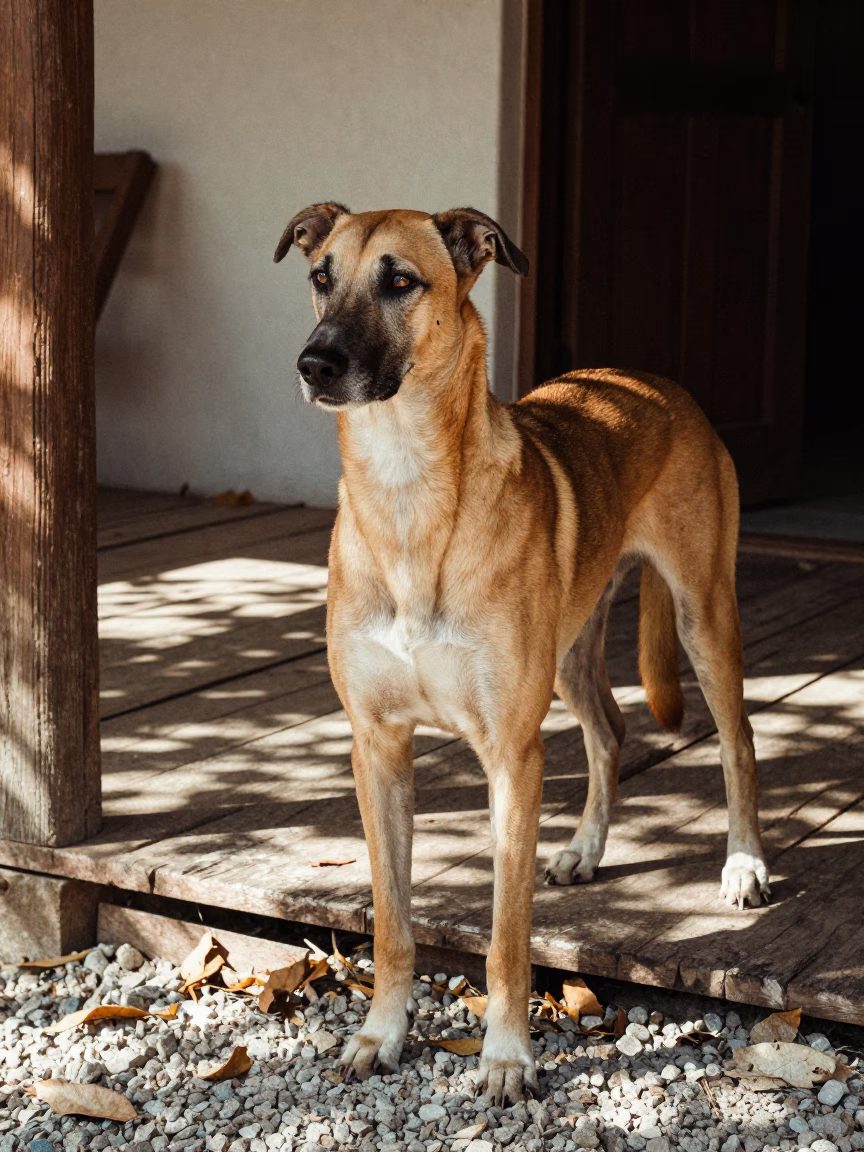 Ibizan Hound Portrait on Shaded Porch Tapachula in on a shaded front porch with boards, railings, and eye-level framing near Tapachula de Córdova y Ordóñez