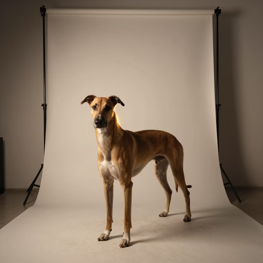Ibizan Hound Portrait with Warm Edge Light in in a quiet portrait studio with a plain backdrop and eye-level framing in Amman