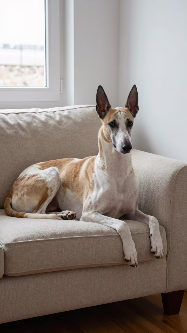 Ibizan Hound Resting on Linen Sofa in Winter Light in on a linen sofa with daylight from a nearby window in Patan