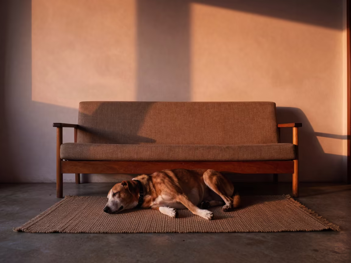 Ibizan Hound Resting on Woven Rug in Quezon City Home in on a woven rug beside a low couch and an uncluttered wall in Quezon City