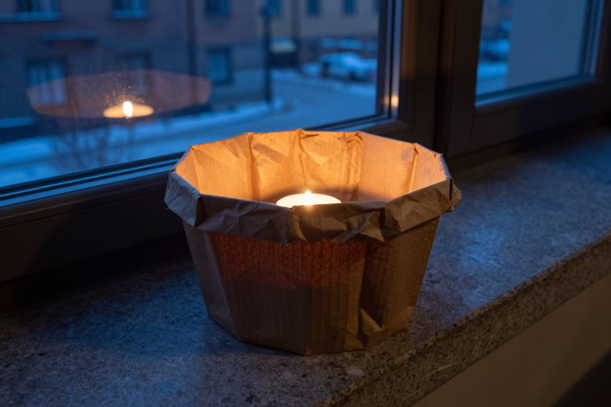 Ice Bucket Liner Carton Candlelight Winter in on a stone ledge in Norrmalm, Stockholm