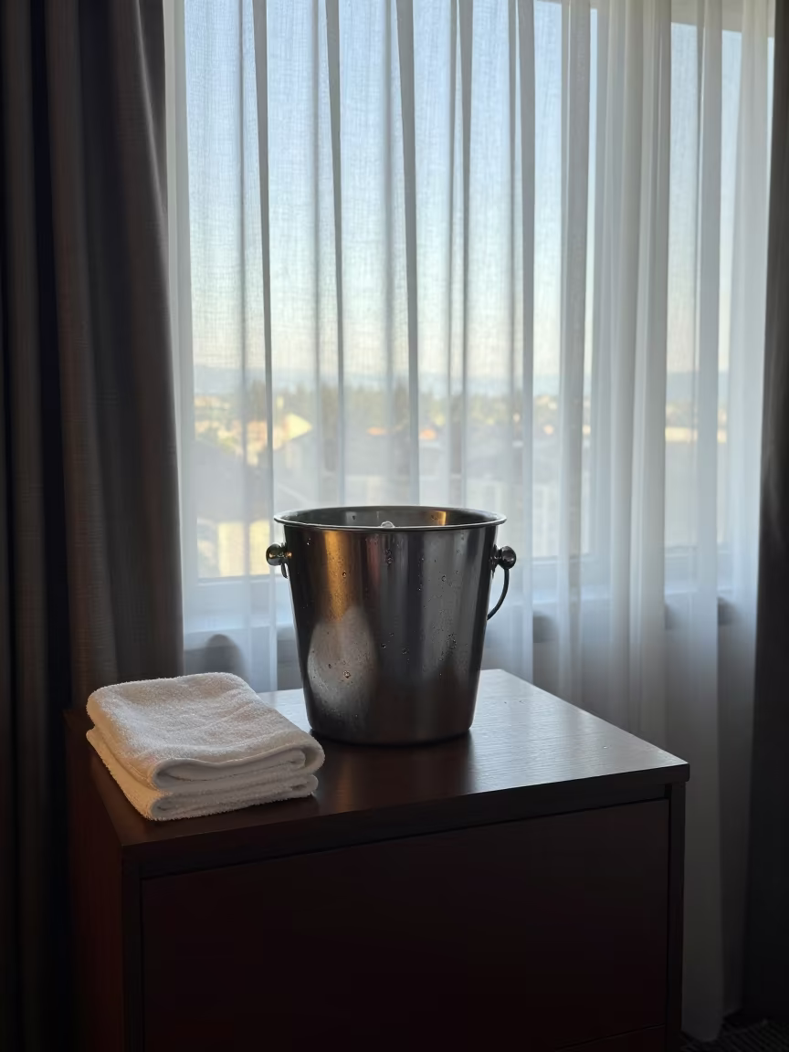 Ice Bucket Shelf Before Lobby Wakes Vancouver in on a hotel dresser near Vancouver