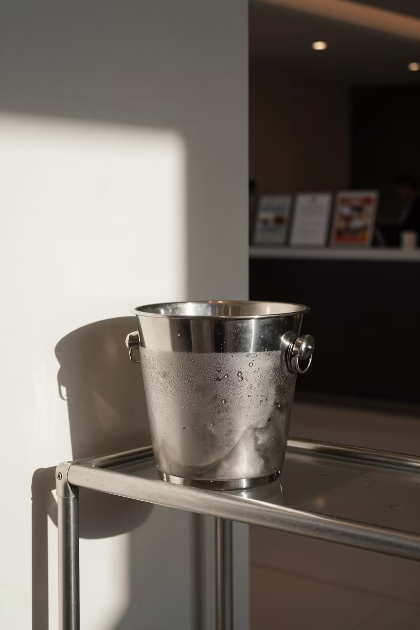 Ice Bucket Shelf Pier Sapporo Lobby Morning in on a pier railing in Sapporo