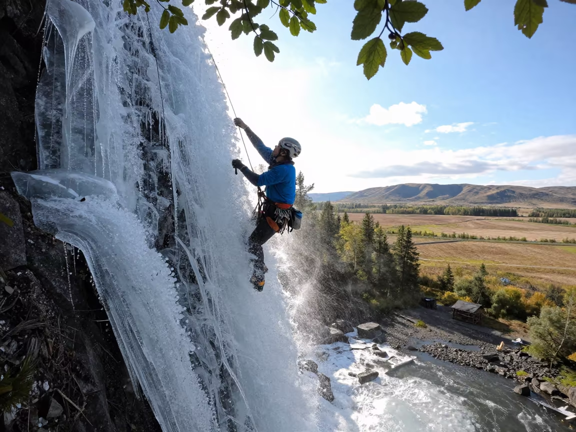 Ice Climber Ascending Frozen Waterfall Anchorage in near open fields near Anchorage