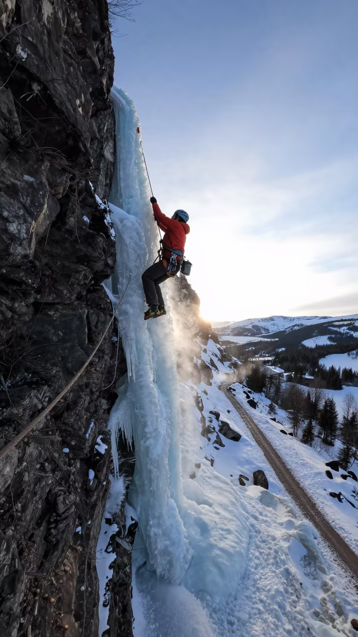 Ice Climber Ascending Frozen Waterfall at Dawn in on a mountain path near Stockholm