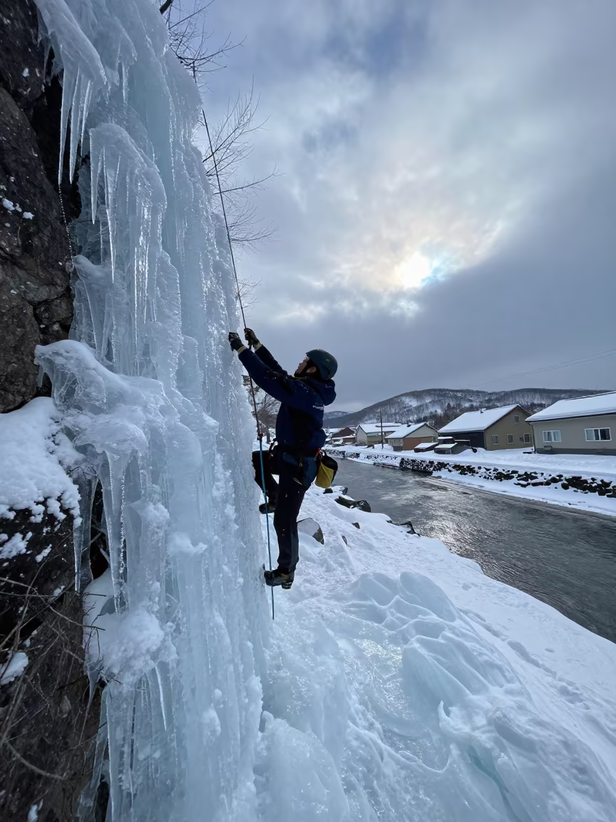 Ice Climber Ascends Frozen Waterfall in Sapporo Lane in in a village lane near Sapporo