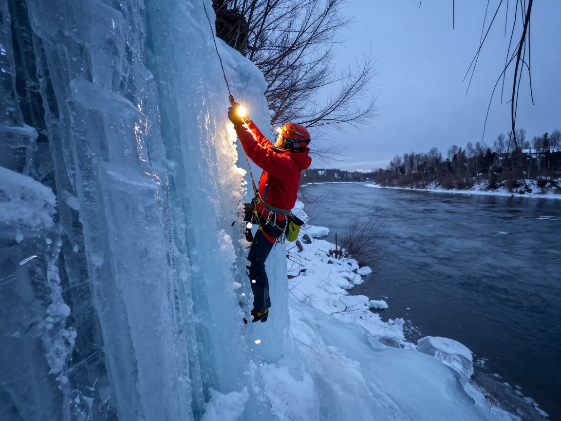 Ice Climber Ascends Frozen Waterfall at Twilight in by a riverbank near Fairbanks