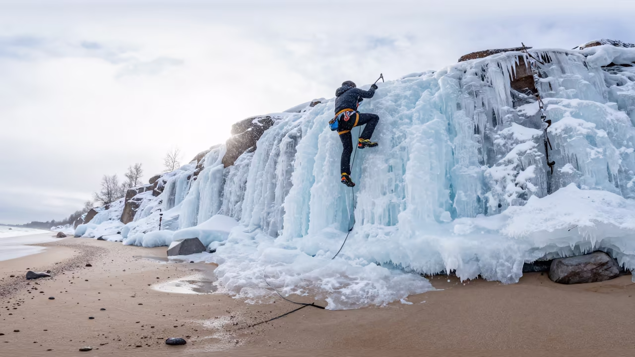Ice Climber Ascending Frozen Waterfall Beach Helsinki in along a beach near Design District, Helsinki