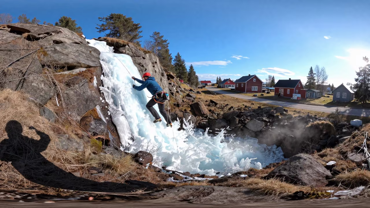Ice Climber on Frozen Waterfall in Helsinki Lane in in a village lane near Helsinki