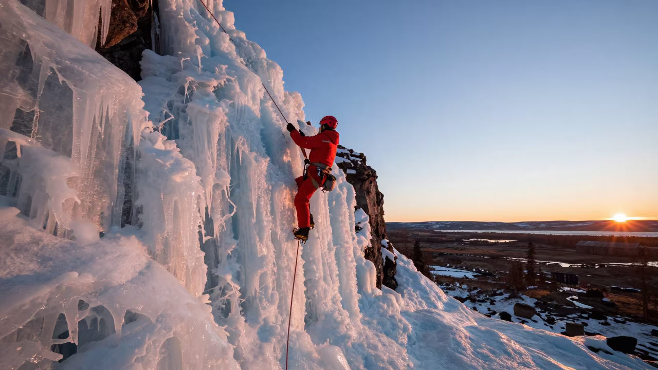 Ice Climber on Frozen Waterfall at Kiruna Sunset in near open fields near Kiruna