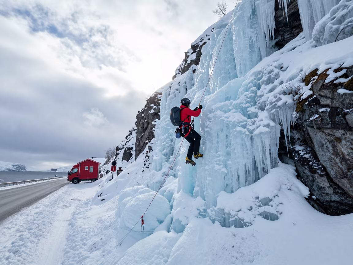 Ice Climber Frozen Waterfall Roadside Stop in at a roadside stop near Tromsø