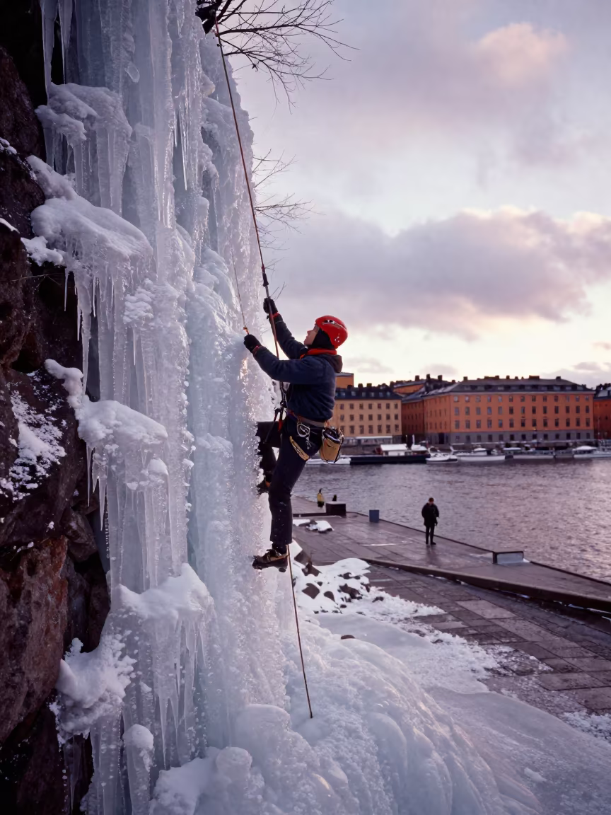 Ice Climber on Frozen Waterfall at Stockholm Harbor in at a harbor quay near Gamla Stan, Stockholm