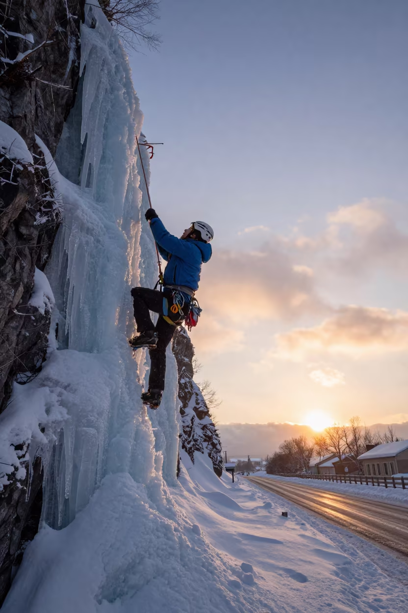 Ice Climber Sunset Ascent Sapporo Roadside in at a roadside stop near Sapporo