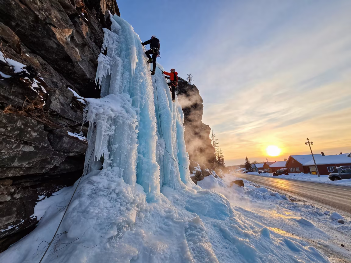 Ice Climbers Ascend Blue Waterfall in Yellowknife Evening in in a village lane near Yellowknife