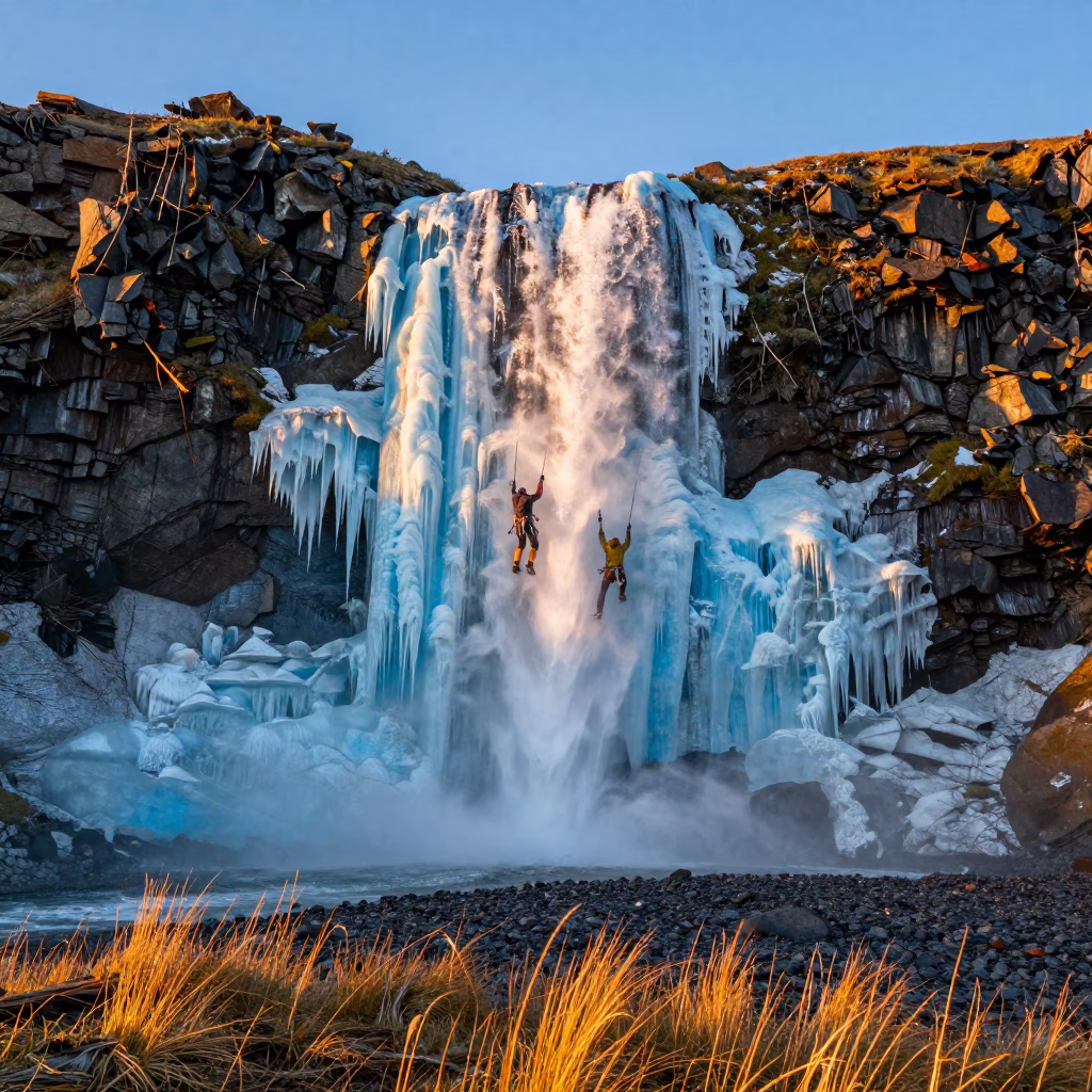 Ice Climbers on Frozen Waterfall Murmansk in along a beach near Murmansk