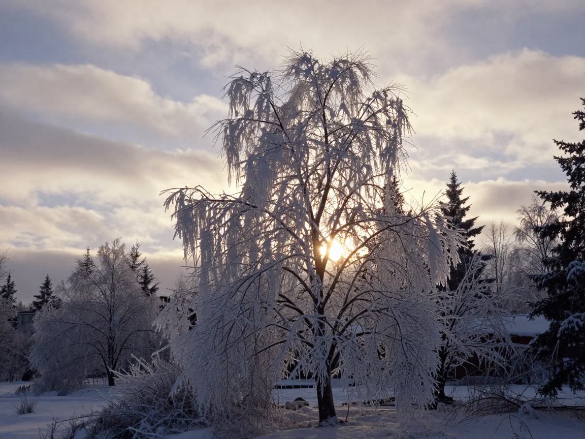 Ice Coated Branches Under Golden Hour Clouds in beneath fast-moving cloud bands near Helsinki