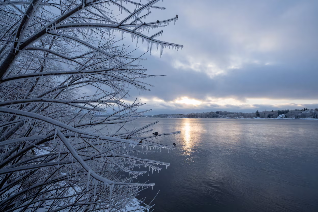 Ice Coated Branches Over Dark Water in in Ontario