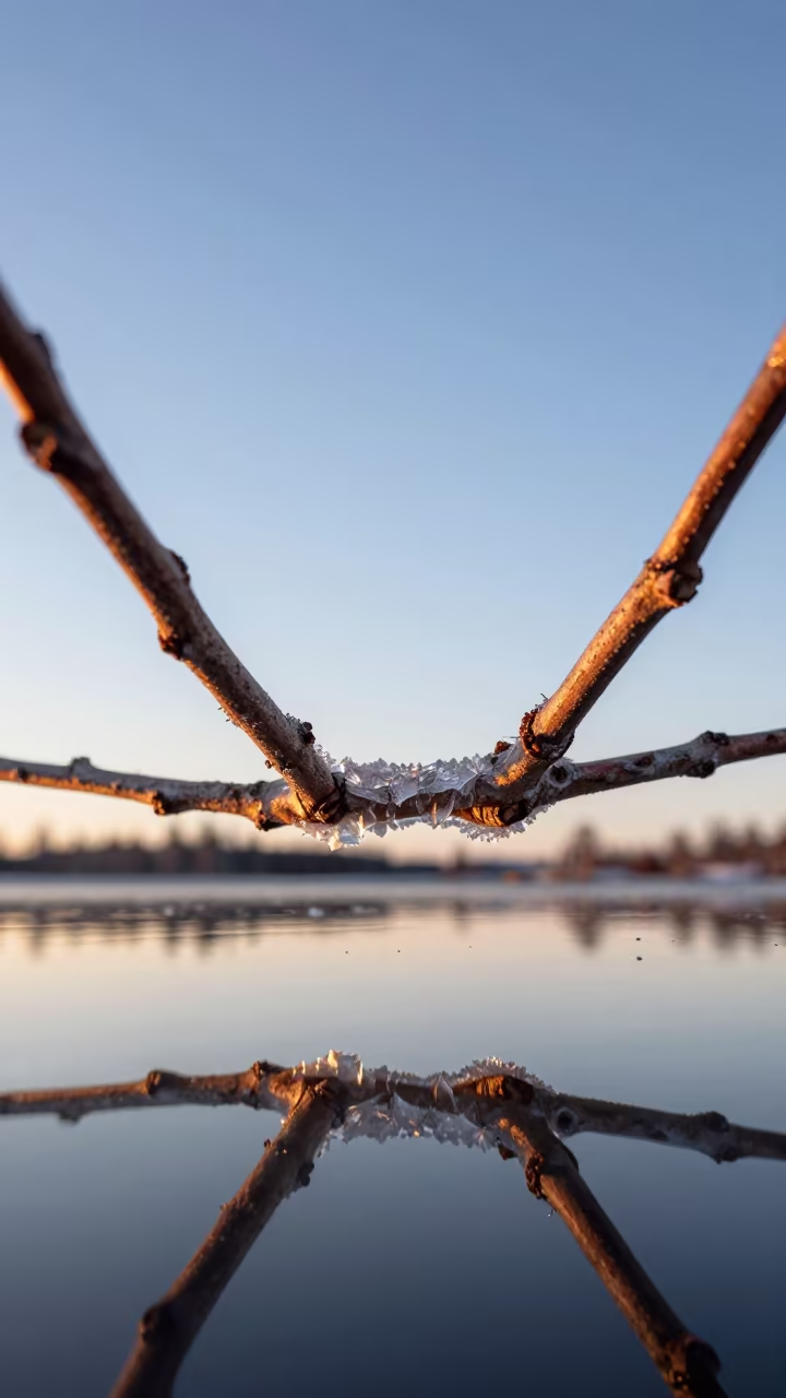 Ice Crystal Bridge Between Twigs in Sweden in in Sweden