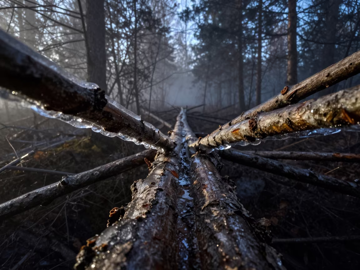 Ice Crystal Bridge Between Twigs in Swedish Mist in in Sweden