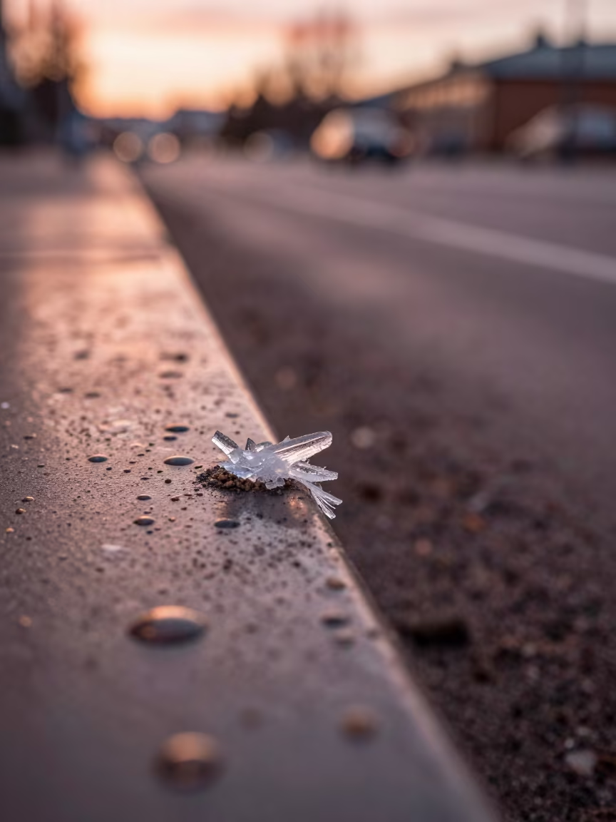 Ice Crystal Edge Dust on Wet Metal Helsinki in across a rain-beaded metal surface in Helsinki