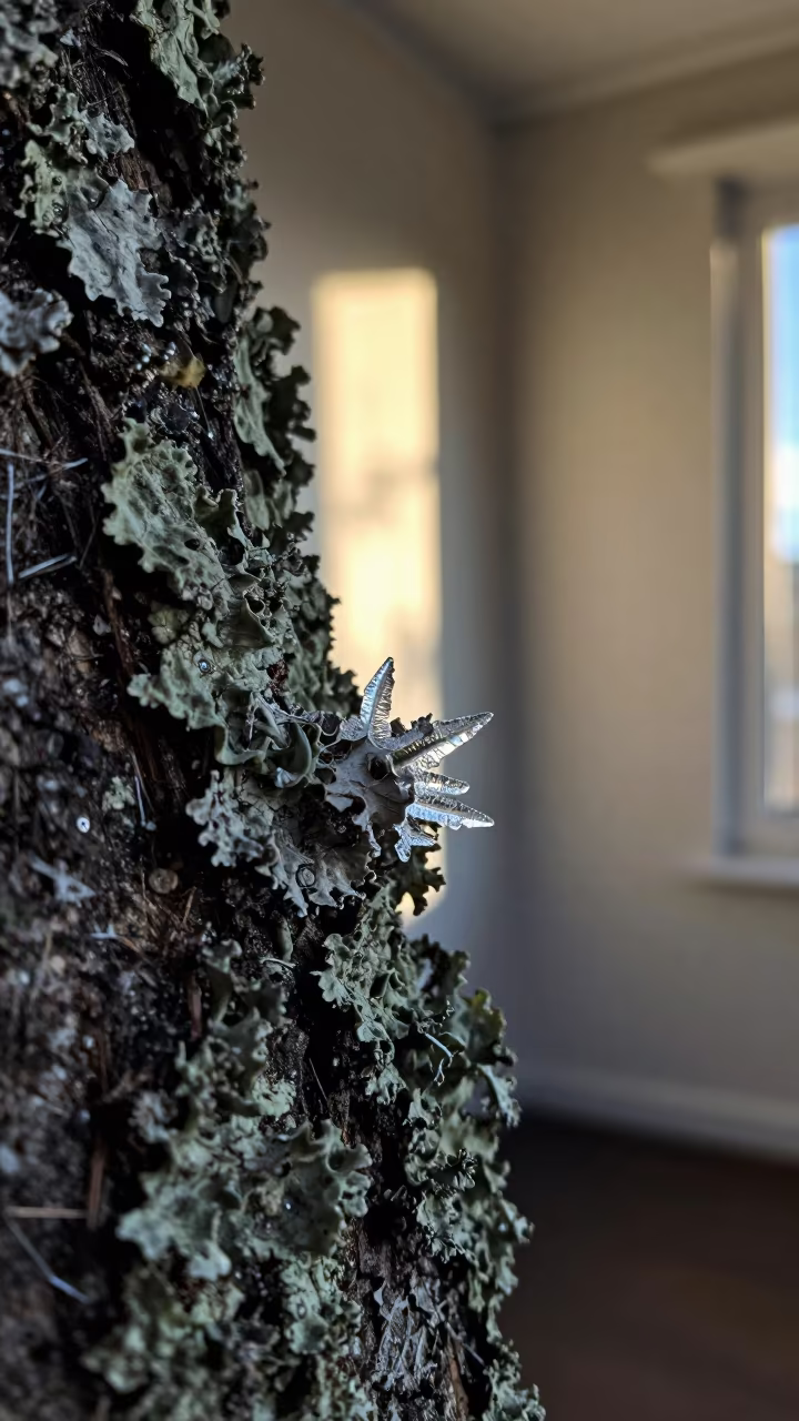 Ice Crystal Edge on Lichen Bark in Helsinki in on lichen-covered bark near Kallio, Helsinki